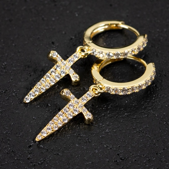 Men's Yellow Gold Sterling Silver Iced Dangle Dagger Cross Hoop Earrings - Picture 2 of 5